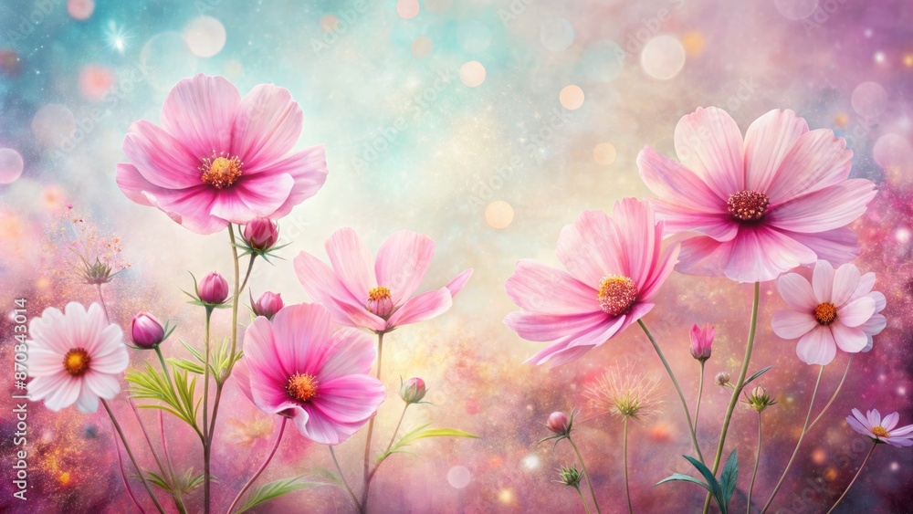 A Beautiful Field Of Pink Cosmos Flowers In Bloom. The Perfect Backdrop For Any Spring Or Summer Project. A Beautiful Field Of Pink Cosmos Flowers In Bloom. The Perfect Backdrop For Any Spring Or Summer Project.