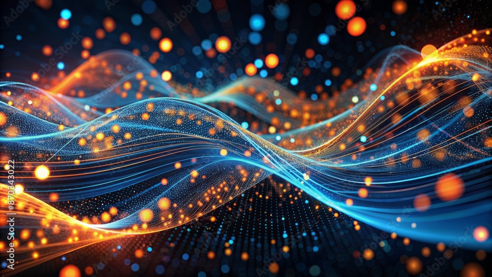 30 Words Or 130 Characters For Adobe Stock Title Relate With Image Reference:..Abstract Glowing Blue And Orange Particles Form An Undulating Wave Pattern On A Black Background. 30 Words Or 130 Characters For Adobe Stock Title Relate With Image Reference:..Abstract Glowing Blue And Orange Particles Form An Undulating Wave Pattern On A Black Background.