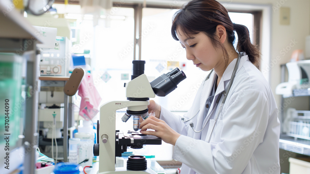 日本の病院の研究室で顕微鏡を使う医師 日本の病院の研究室で顕微鏡を使う医師