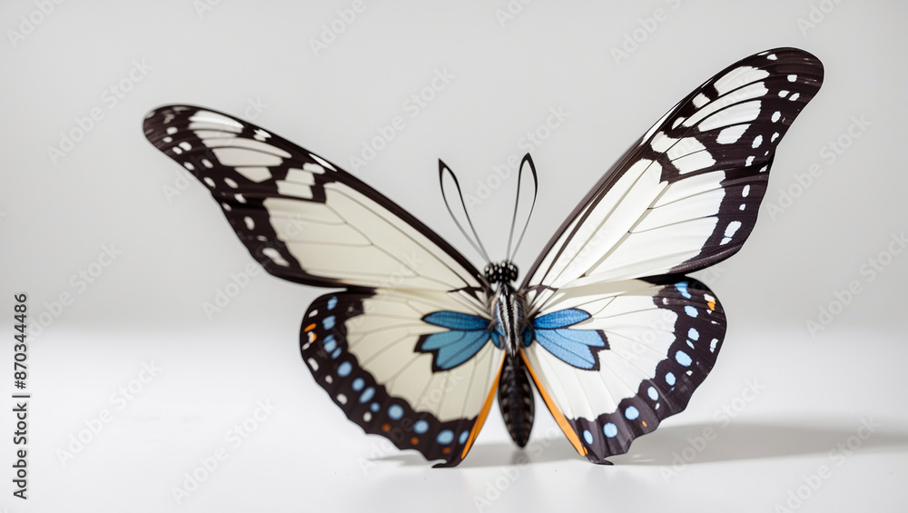 Obraz premium a white butterfly with black markings against a plain white background.