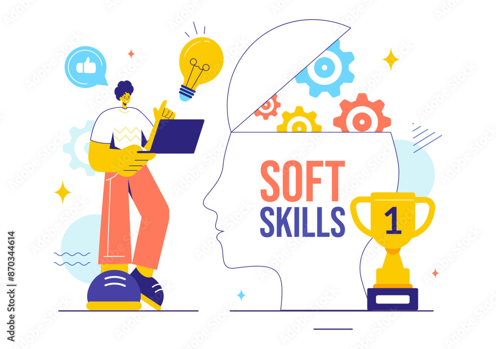 Vector Illustration of Office Workers Demonstrating Soft Skills of Empathy, Communication, Idea Development, Skill, and Education in a Flat Background