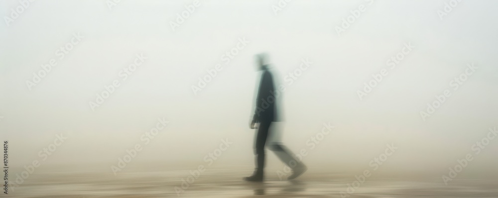 A man is walking in the rain with a hood over his head. The sky is cloudy and the atmosphere is gloomy. Free copy space for text. A man is walking in the rain with a hood over his head. The sky is cloudy and the atmosphere is gloomy. Free copy space for text.