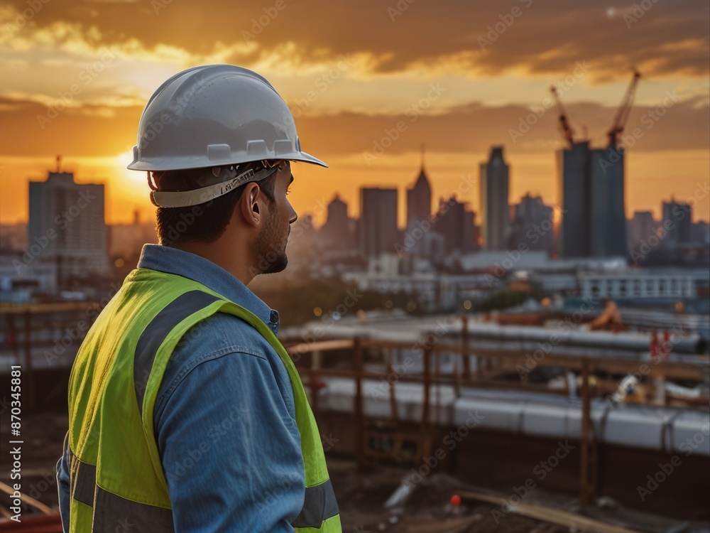 Construction worker overlooking urban building site at sunset Construction worker overlooking urban building site at sunset