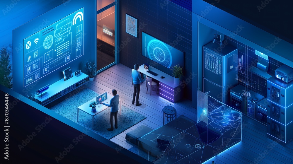 Family in Futuristic 5G Smart Home: Interacting with Voice Assistant, Smart Fridge, and Holographic Entertainment System, Realistic Art Illustrating Connectivity and Efficiency Family in Futuristic 5G Smart Home: Interacting with Voice Assistant, Smart Fridge, and Holographic Entertainment System, Realistic Art Illustrating Connectivity and Efficiency