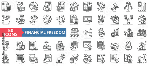Financial freedom icon collection set. Containing capital, investment, saving, retirement, asset, budget, wealth icon. Simple line vector.