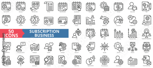 Subscription business icon collection set. Containing renewal, membership, billing, autorenewal, cancellation icon. Simple line vector.