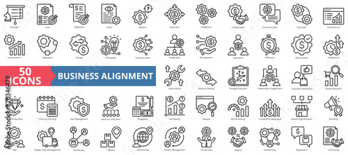 Business alignment icon collection set. Containing strategy, goal, objectives, mission, alignment, integration, collaboration icon. Simple line vector.