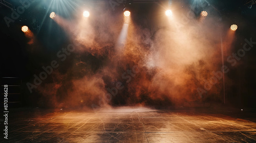 Empty stage with spotlights and smoke, 16:9 ratio