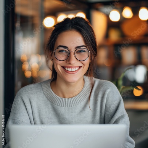 Professional woman working on a laptop in a well-lit modern office with large windows in the background, Smiling happily. Looking at the camera. Online study on a laptop. photo