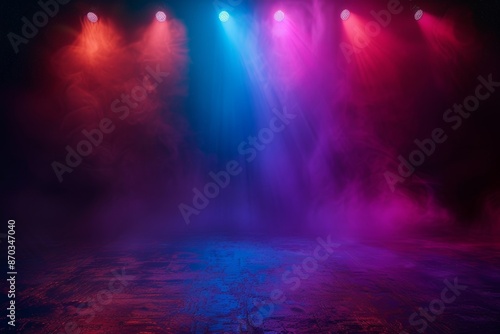 Performance stage product background or dance-floor disco with lights on and smoke billowing. lit podium in the hallway and an empty stage under the theater's lighting