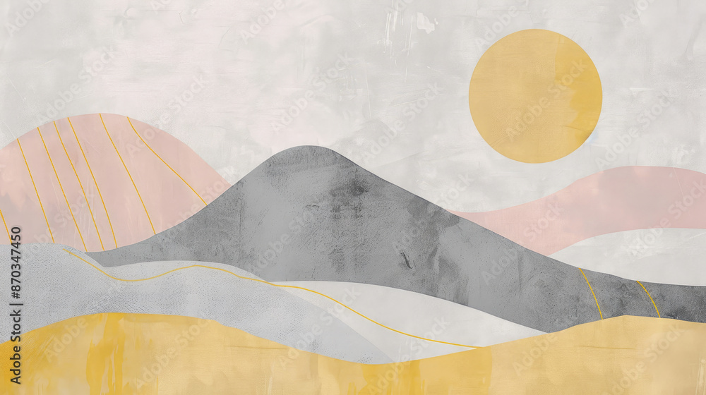 Obraz premium minimalist and whimsical abstract art with geometric sun over two small mountain hills in pastel yellow, gray and pink gold line style with collage technique