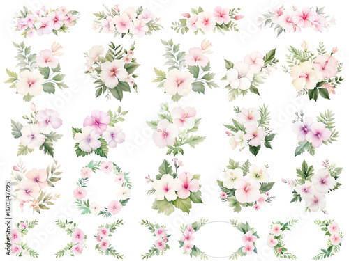 Wallpaper Mural watercolor illustration floral set, white and pink Hibiscus syriacus illustration set, green leaves in a black vase on transparent background. Florist bouquet. Korean National Day. Torontodigital.ca