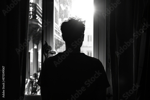 Silhouette of man in front of window, black and white, contemplative mood.