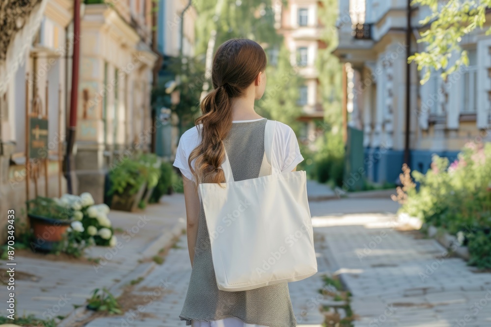 Young girl with white tote bag in old town. Eco friendly mockup. Young girl with white tote bag in old town. Eco friendly mockup.