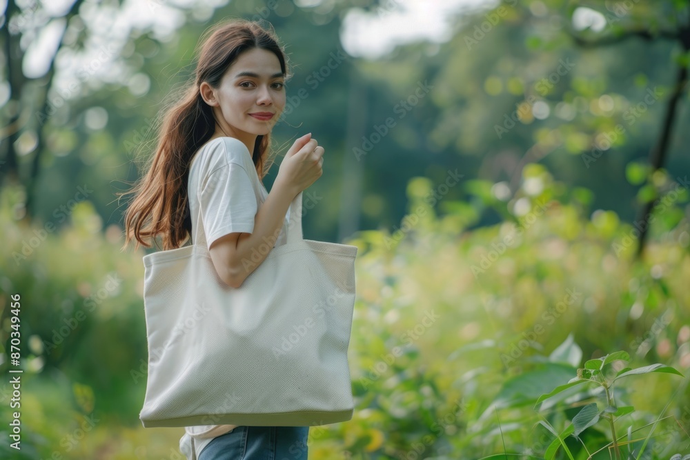 Young woman holding tote bag against greenery background empty space Young woman holding tote bag against greenery background empty space