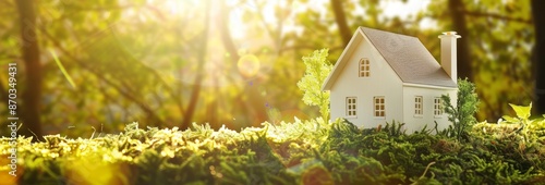 White model house on sunny day with lush green grass illuminated by sunshine, representing home, nature, and eco-friendly living. Copy space, banner photo