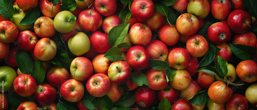 view of a bunch of fresh red apples fruits with leaf stacked neatly arranged from above on a wide flat textured background view of a bunch of fresh red apples fruits with leaf stacked neatly arranged from above on a wide flat textured background