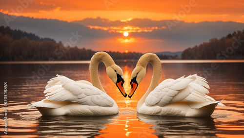 Fototapeta Naklejka Na Ścianę i Meble -  Two white swans are swimming in a lake with a sunset in the background.

