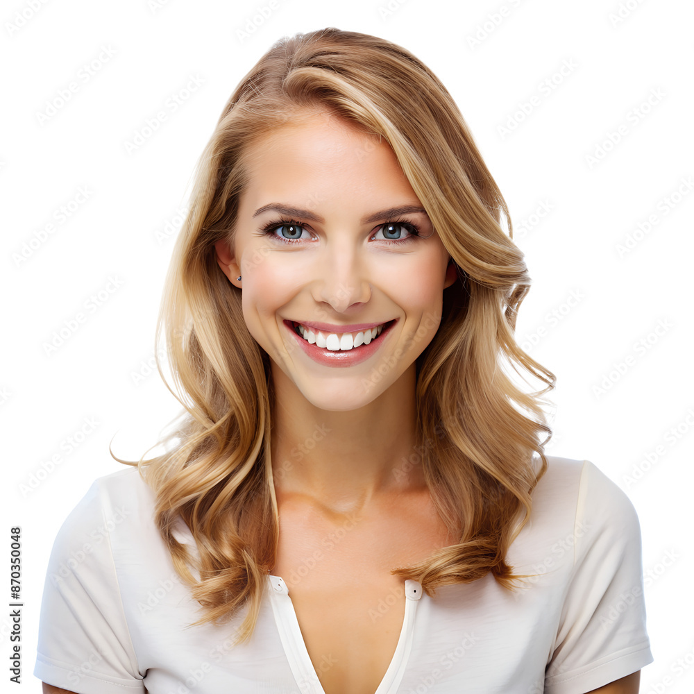 Portrait of a smiling blonde woman with wavy hair in a white shirt against a white background. Portrait of a smiling blonde woman with wavy hair in a white shirt against a white background.