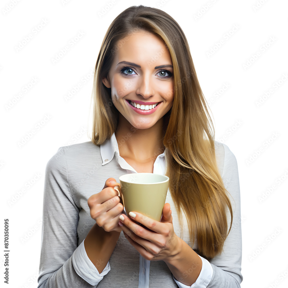 Smiling woman enjoying a cup of coffee, isolated on white background. Perfect for health, wellness, and lifestyle concepts. Smiling woman enjoying a cup of coffee, isolated on white background. Perfect for health, wellness, and lifestyle concepts.