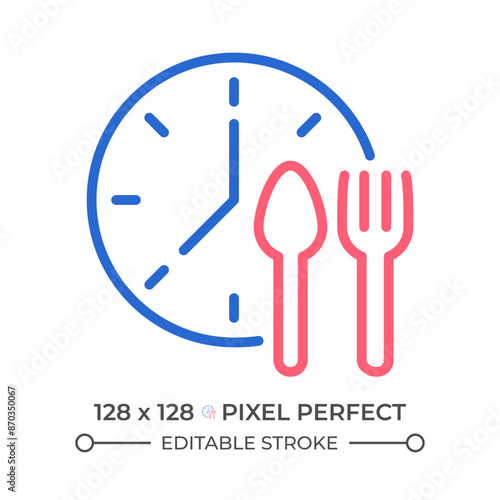 Lunchtime two color line icon. Manage nutrition schedule. Take lunch break at work. Meal periods bicolor outline symbol. Duotone linear pictogram. Isolated illustration. Editable stroke
