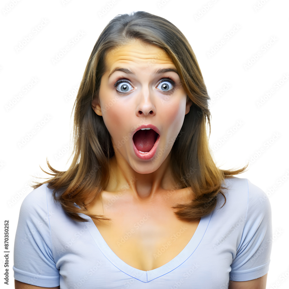 A woman with a surprised expression, wide eyes, and an open mouth, wearing a light blue shirt against a white background. A woman with a surprised expression, wide eyes, and an open mouth, wearing a light blue shirt against a white background.