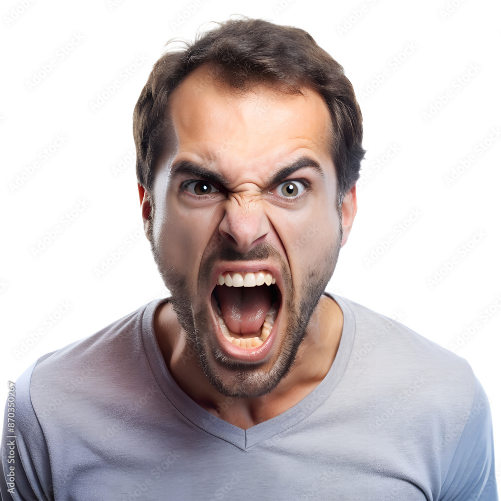 Angry young man shouting with intense emotion, expressing frustration and rage. Isolated on white background.