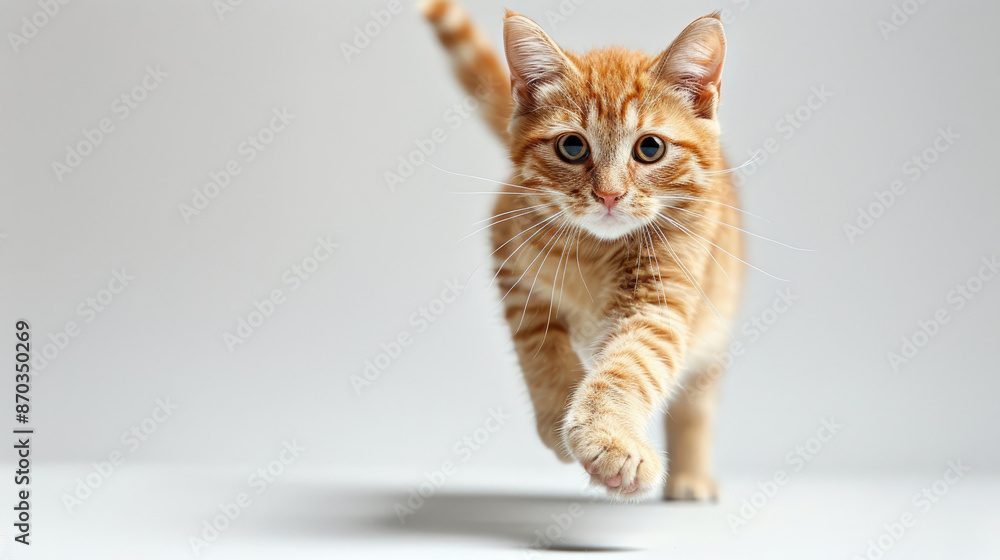Obraz premium full body cat walking on two front legs paws with low angle view front on white background