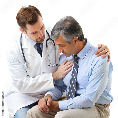 A doctor providing emotional support to a patient, demonstrating compassion, care, and professional medical consultation in a clinical setting. photo