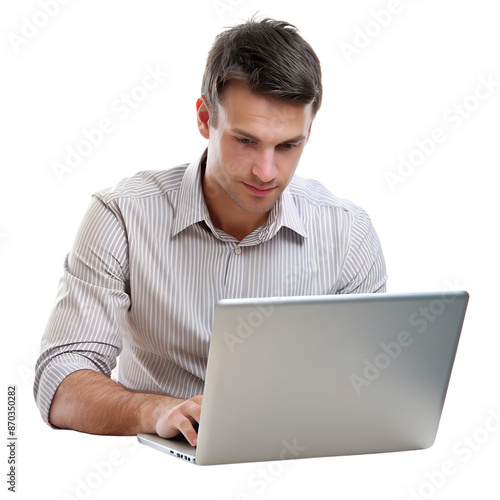 Businessman focused on using a laptop, wearing a striped shirt. Ideal for business, technology, and professional-related themes.