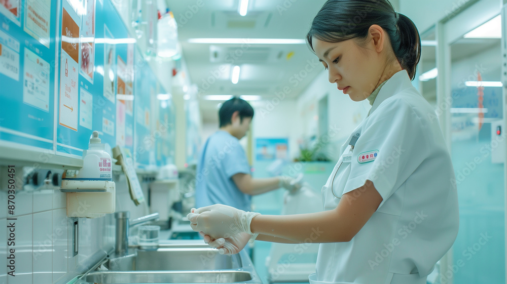 病院のシンクで手を洗う日本の看護師 病院のシンクで手を洗う日本の看護師