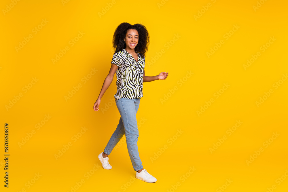 Portrait photo of walking model young charming woman curly hair in zebra print shirt isolated on yellow color background Portrait photo of walking model young charming woman curly hair in zebra print shirt isolated on yellow color background