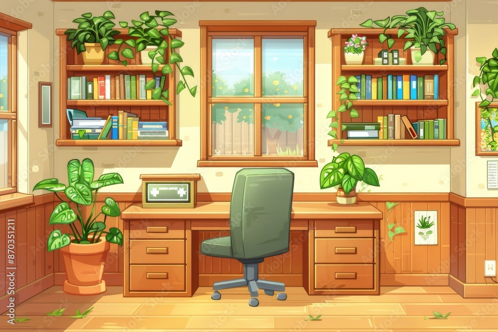 Cozy home office with wooden furniture plants and computer setup illustration of a comfortable and productive workspace Cozy home office with wooden furniture plants and computer setup illustration of a comfortable and productive workspace