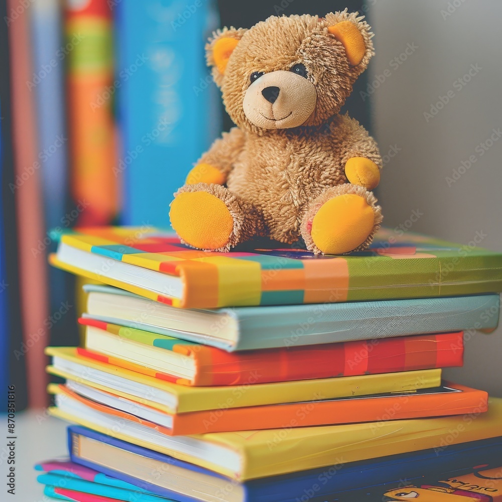 Colorful Stack of Children's Books with Bear Toy Colorful Stack of Children's Books with Bear Toy