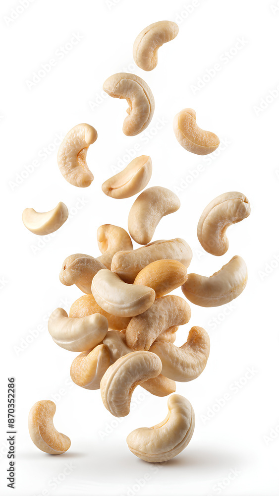 Flying cashew nuts on isolate white background, clipping path, Selective focus Flying cashew nuts on isolate white background, clipping path, Selective focus