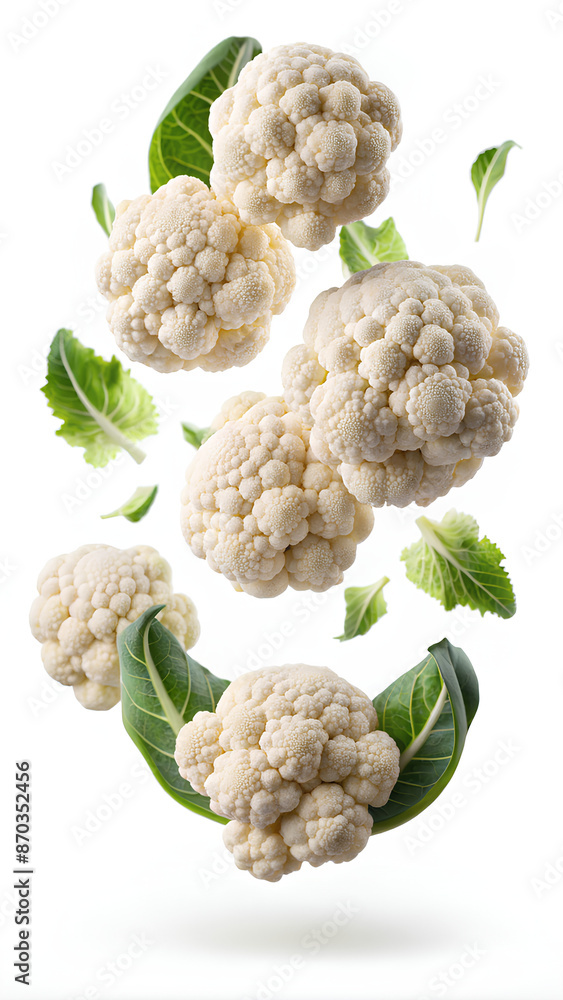 Flying cauliflowers on isolate white background, clipping path, Selective focus Flying cauliflowers on isolate white background, clipping path, Selective focus