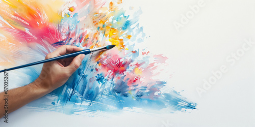 A close-up image of an artists left hand painting abstract watercolor design on white paper, international left handers awareness day banner with copy space photo