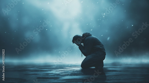 A lone modern man kneeling and crying .