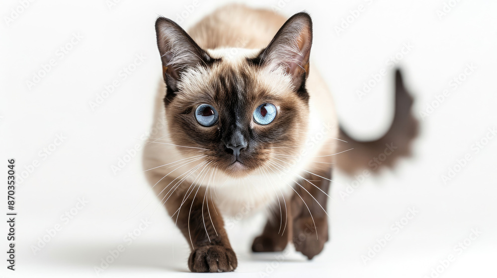Siamese shorthair cat walking towards the front with his tail raised on a white background Siamese shorthair cat walking towards the front with his tail raised on a white background