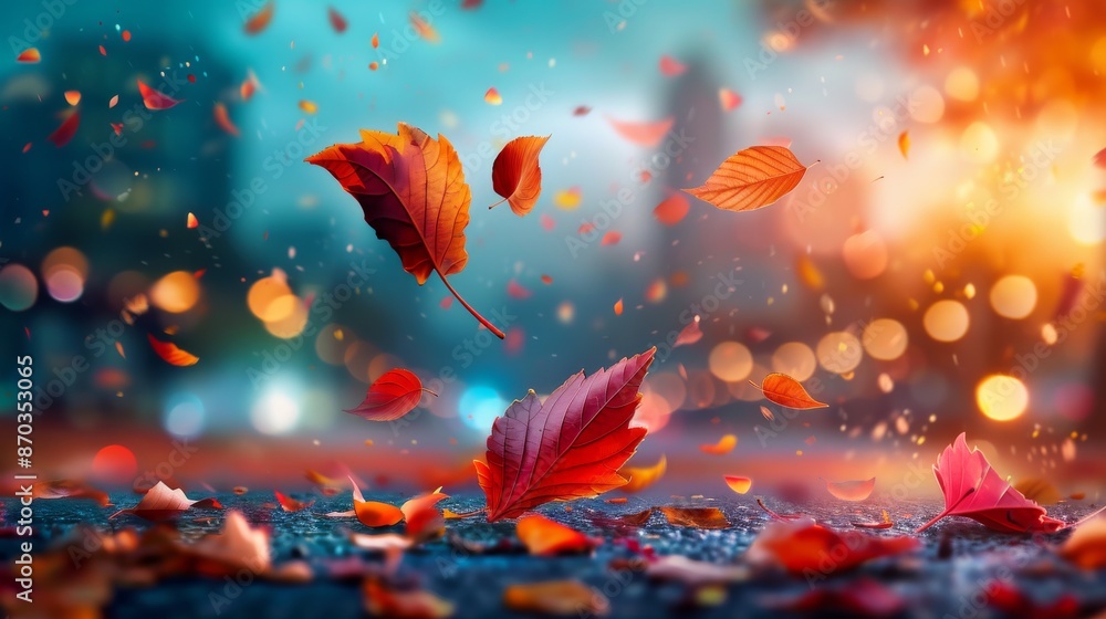 Autumn leaves falling on a wet street with colorful bokeh lights in the background, creating a magical and vibrant autumn scene. Autumn leaves falling on a wet street with colorful bokeh lights in the background, creating a magical and vibrant autumn scene.