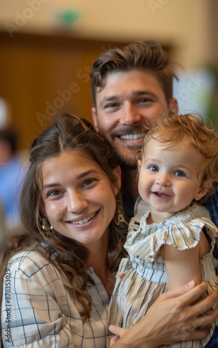 Happy family of three, a young couple with their adorable baby girl, smiling at the camera.