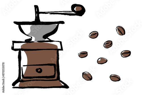 筆タッチのコーヒーミルとコーヒー豆のイラスト