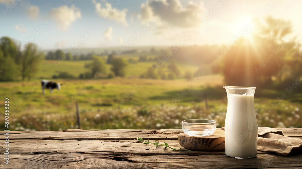 Milk jug and glass on rustic wooden table with cow farm background	
