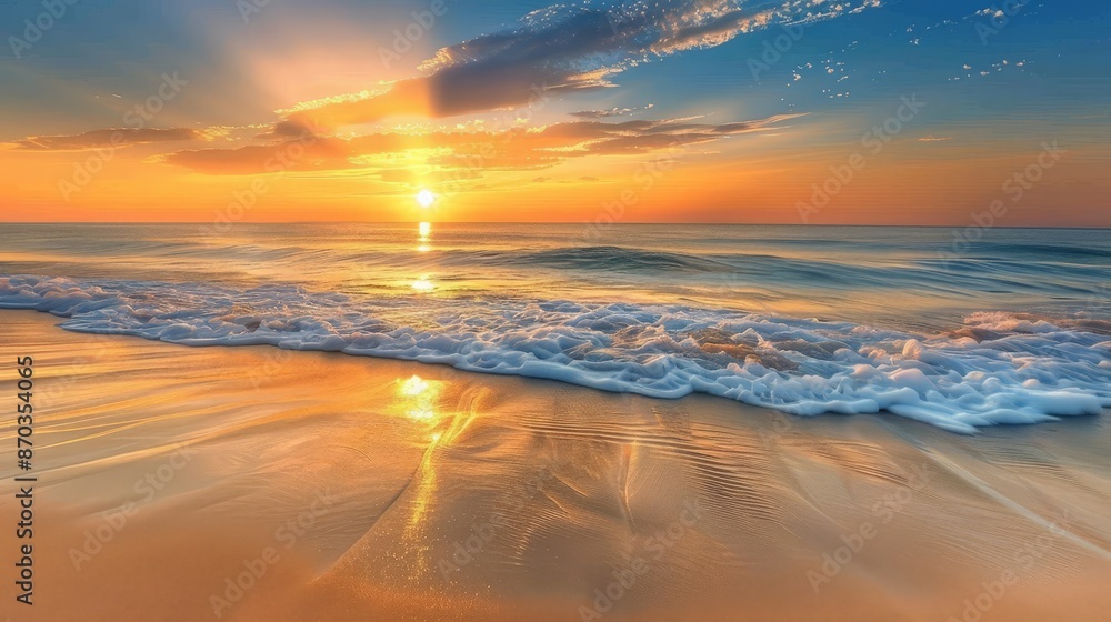 Fototapeta premium Watching the sunset from a sandy beach, the sun slowly sinking into the horizon, painting the sky with hues of orange and pink, is a serene end to the day.