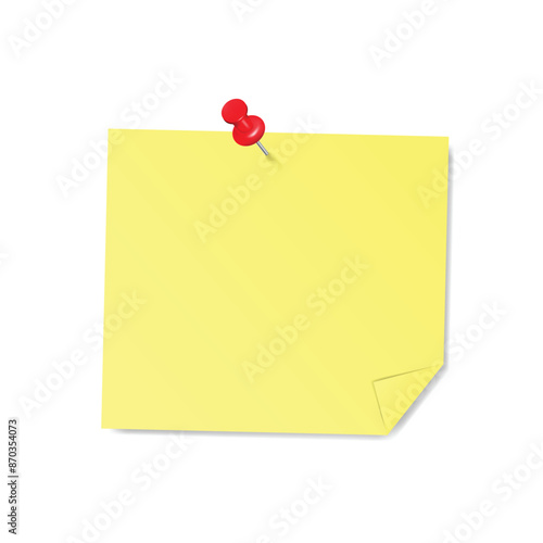 Yellow stick note with red pin and shadow, for short note notification vector EPS10 isolated on transparent background.