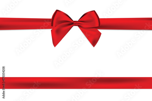 Red bow Realistic shiny satin and ribbon horizontal line with shadow for decorate your christmas card or gift card,vector EPS10 isolated on white background.