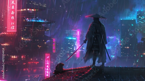 The silhouette of a futuristic samurai standing erect on a building at night in a cyberpunk city, illustrated in digital art style photo