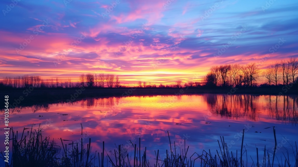 Serene Sunset Over Rural Landscape with Reflective Waters Serene Sunset Over Rural Landscape with Reflective Waters