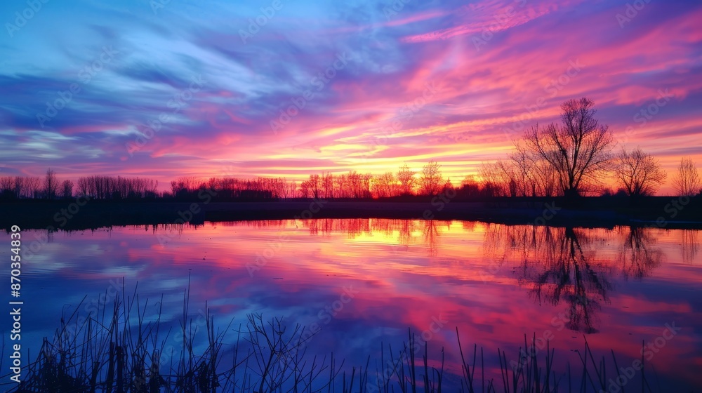 Serene Sunset Over Rural Landscape with Reflective Waters Serene Sunset Over Rural Landscape with Reflective Waters