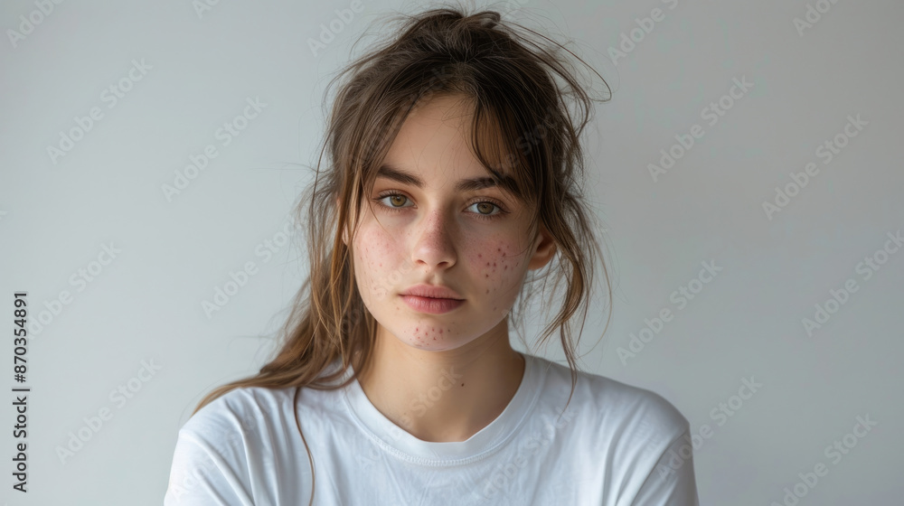 Young teen Woman face with acne pimples on her face and looking front isolated on white background Young teen Woman face with acne pimples on her face and looking front isolated on white background